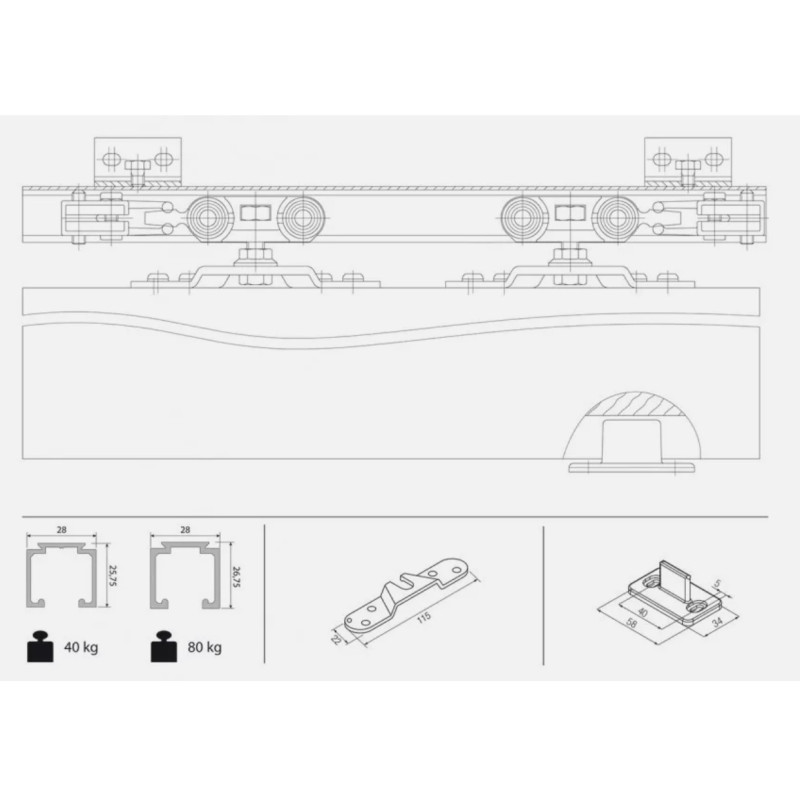 Guarnitura scorrevole 0400 4 Koblenz per porta da interni, staffe e fermi a pinza, portata 80 Kg, Nylon finitura Grigio Chiaro