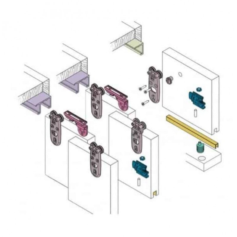 Kit Scorrevole Koblenz 1011/10 per 2 ante spessore 20/25 mm, System 1011/40, portata 40 kg, finitura Nichelato