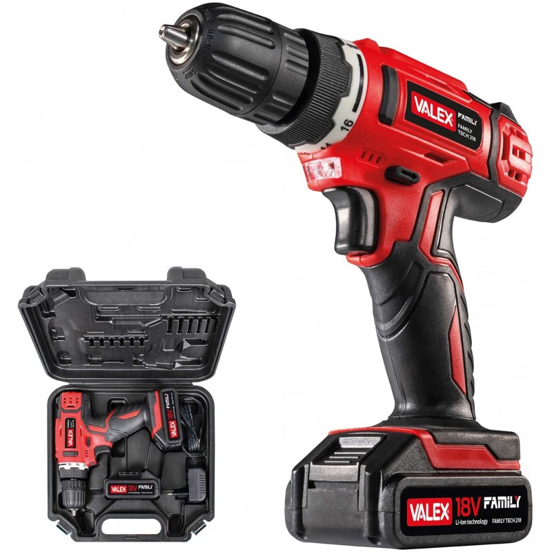 Trapano Avvitatore a Batteria al litio 18V FAMILY-TECH 218, in Valigetta, 0-650 Giri/min, 2 Batterie incluse, Rosso, 3/8_pollice Trapano Avvitatore a Batteria al litio 18V FAMILY-TECH 218, in Valigetta, 0-650 Giri/min, 2 Batterie incluse, Rosso, 3/8_pollice