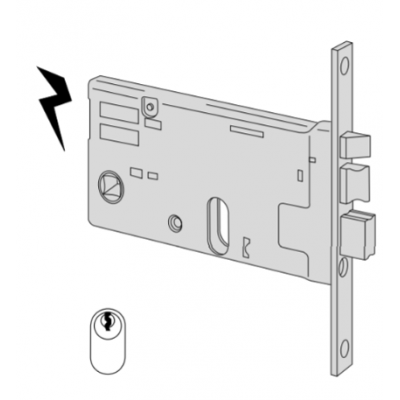 Elettroserratura art. 1446070 a cilindro ambidestra da infilare entrata 70 per fasce, interasse 67 mm, frontale 16 mm.