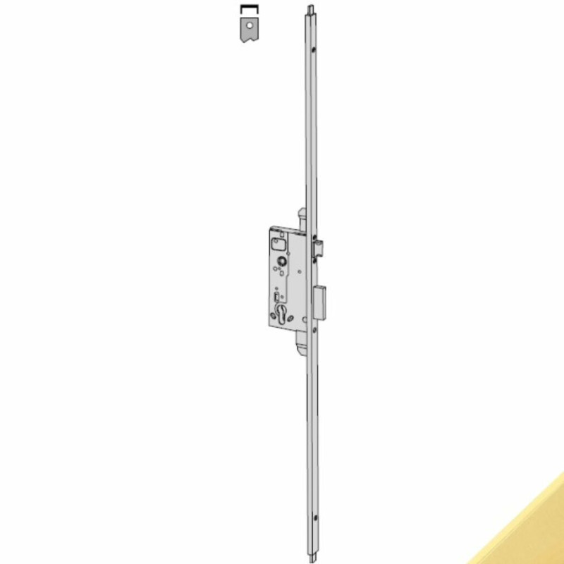 Serratura da infilare multipunto 53131 Cisa, foro Yale, scrocco e mandata +chiusure verticali , frontale a U 22x10 mm, entrata 60 mm, finitura Ottone Satinato Verniciato