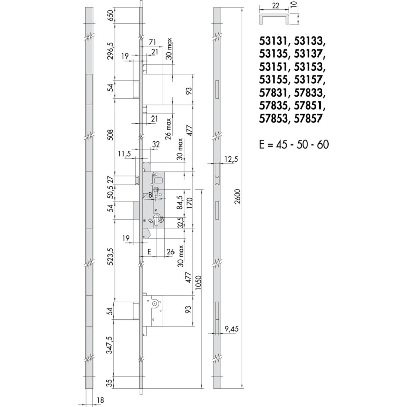 Serratura da infilare multipunto 53131 Cisa, foro Yale, scrocco e mandata +chiusure verticali , frontale a U 22x10 mm, entrata 60 mm, finitura Ottone Satinato Verniciato