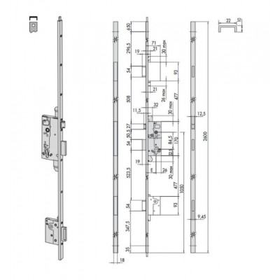 Serratura da infilare multipunto 53133 Cisa, foro Yale, scrocco e 2 catenacci, frontale a U 22x10 mm, entrata 50 mm, finitura Ottone Verniciato