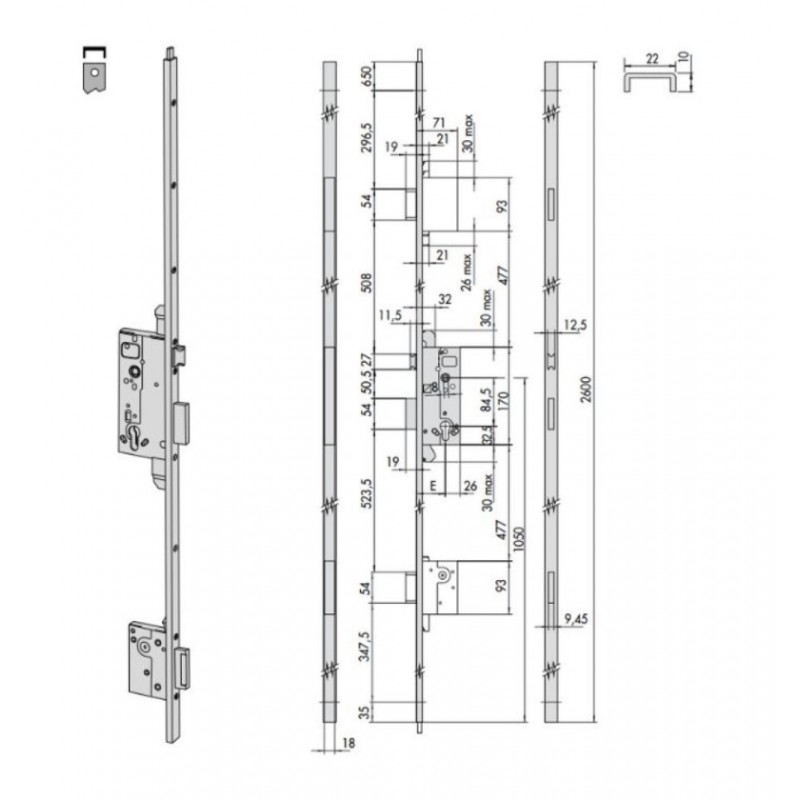 Serratura da infilare multipunto 53133 Cisa, foro Yale, scrocco e 2 catenacci, frontale a U 22x10 mm, entrata 50 mm, finitura Ottone Verniciato