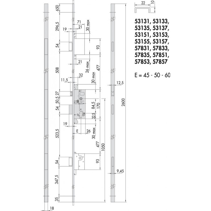 Serratura da infilare multipunto 53135 Cisa, foro Yale, scrocco e 3 catenacci, frontale a U 22x10 mm, entrata 50 mm, finitura Ottone Satinato Verniciato