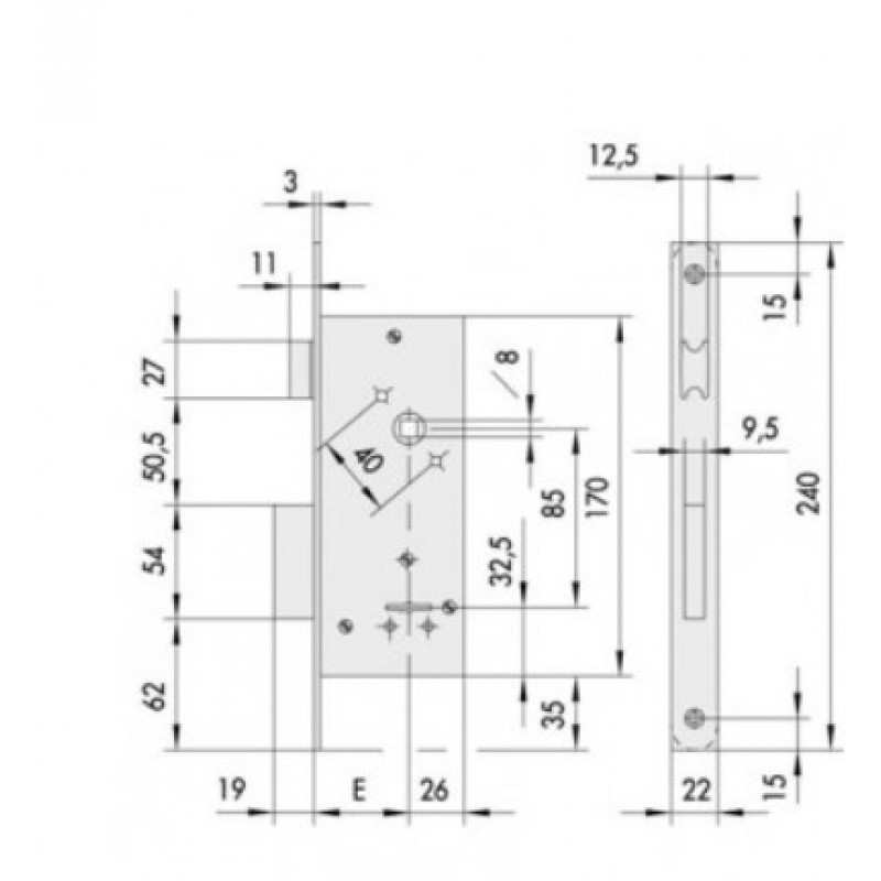 Serratura ad infilare laterale doppia mappa con scrocco Cisa 1.57211.45