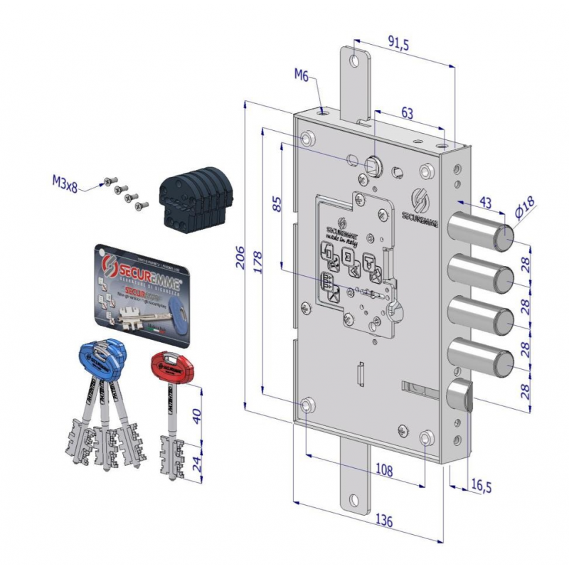 Serratura triplice 250 DX CR S.3 int.28 mm c/cuore intercambiabile SECURMAP 1+3 CHIAVI 0CC4 conf. singola