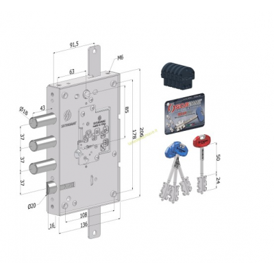 Serratura triplice 250 SX CR S.3 int.37 mm c/cuore intercambiabile SECURMAP 1+3 CHIAVI 0CC5 conf. singola