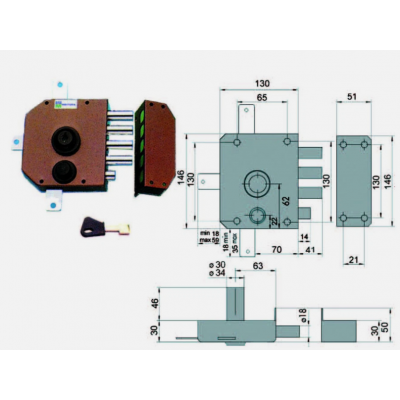 Serratura Quintuplice Da Applicare Con Scrocco A Pompa 30650 - mm.60 DX cilindro diametro mm.30