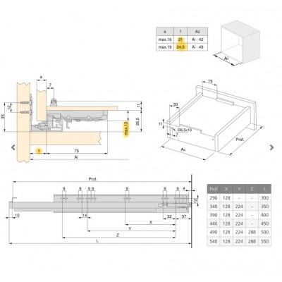 Set di guide per cassetti a scomparsa Silver, estrazione totale, con chiusura soft e aggancio, profondità massima cassetto 290 mm, Acciaio, Zincato bianco