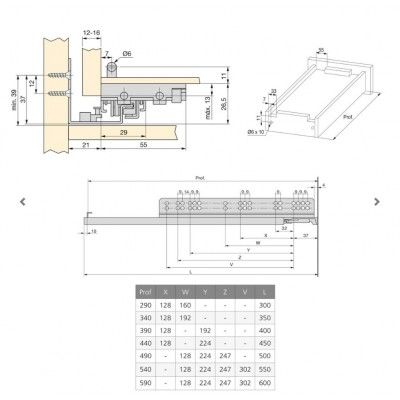 Guide a scomparsa Slippe per cassetti ad estrazione totale con chiusura soft e aggancio, 440, Zincato bianco