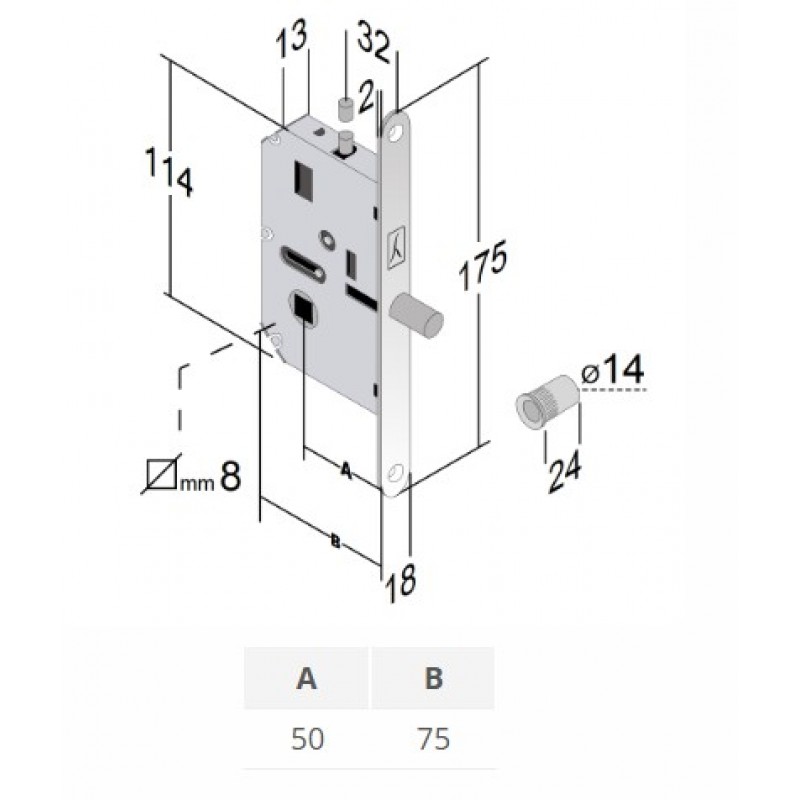 SERRATURA PER PORTA PIEGHEVOLE ENTRATA 50 S 612 BONAITI BORDO TONDO modello 612-50