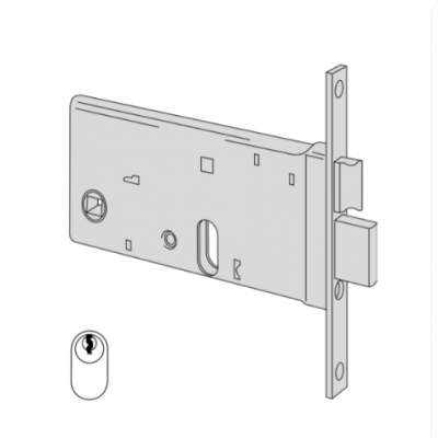 Serratura art. 4446070 a cilindro da infilare entrata 70 per fasce, 2 mandate, interasse 67 mm, frontale 16 mm, senza cilindro.