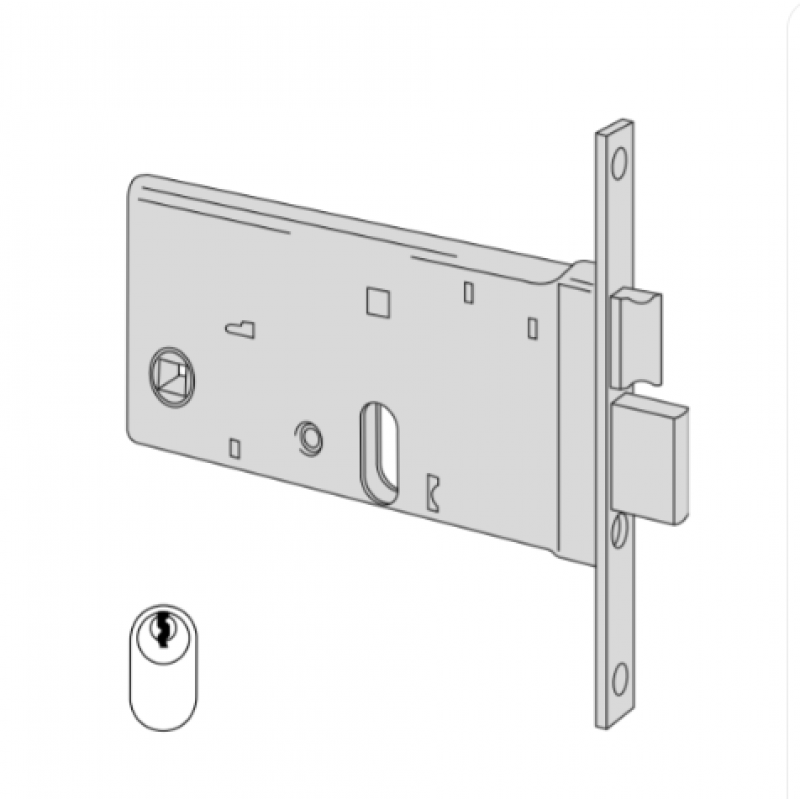 Serratura art. 4446070 a cilindro da infilare entrata 70 per fasce, 2 mandate, interasse 67 mm, frontale 16 mm, senza cilindro.