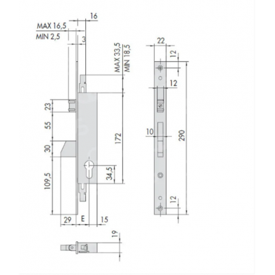 Serratura meccanica a catenaccio basculante Cisa entrata 35 serie 46233-35 senza predisposizioni per chiusure supplementari