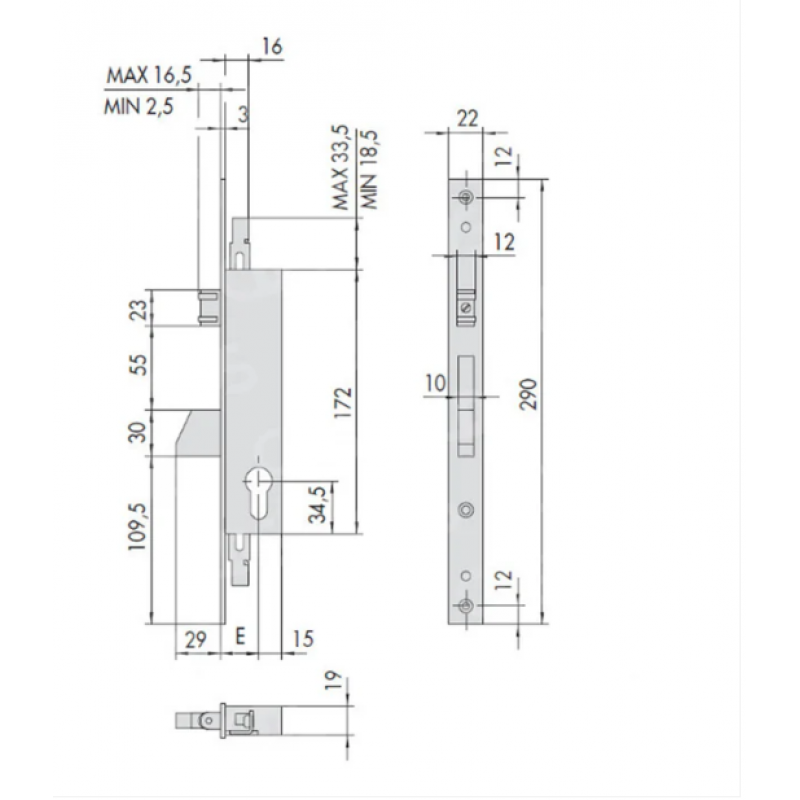 Serratura meccanica a catenaccio basculante Cisa entrata 35 serie 46233-35 senza predisposizioni per chiusure supplementari