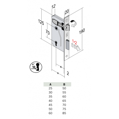 SERRATURA PER PORTE INTERNO MOD. 042P PATENT CHIAVE INT. MM 70 FRONT. MM 20X190, Entrata 45