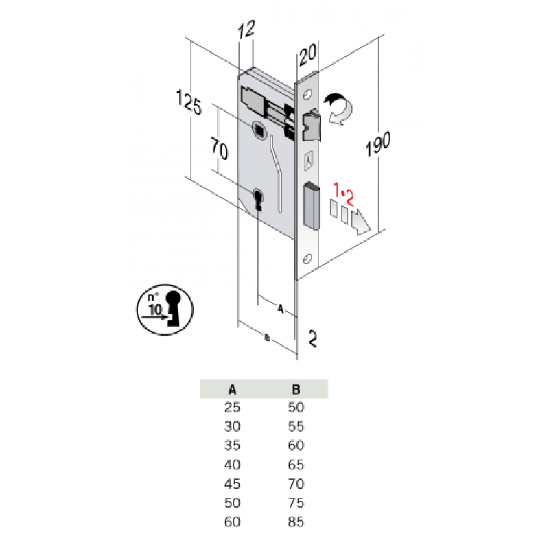 SERRATURA PER PORTE INTERNO MOD. 042P PATENT CHIAVE INT. MM 70 FRONT. MM 20X190, Entrata 45