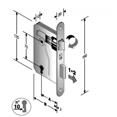 Serratura per porte interne mod. 042T patent chiave int. mm70 front. mm20x190 bordo tondo entrata 35