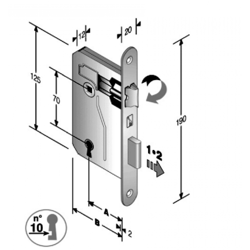 Serratura per porte interne mod. 042T patent chiave int. mm70 front. mm20x190 bordo tondo entrata 50