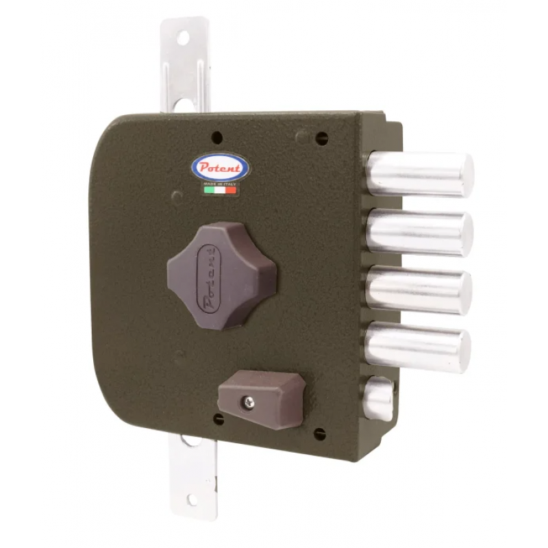 Serratura da applicare 515 Potent per porta, destra, triplice con mezzo giro, scrocco rovesciato, pomolo interno, cilindro a pompa 50 mm, finitura Marrone