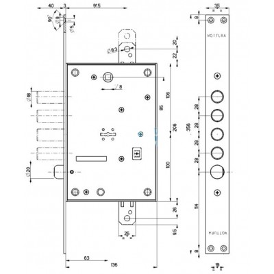 Serratura a infilare per porta blindata 52.771 MOTTURA, doppia mappa, triplice con mezzo giro reversibile, interasse 28 mm, finitura zincata