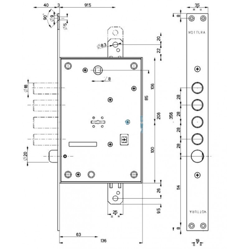 Serratura a infilare per porta blindata 52.771 MOTTURA, doppia mappa, triplice con mezzo giro reversibile, interasse 28 mm, finitura zincata