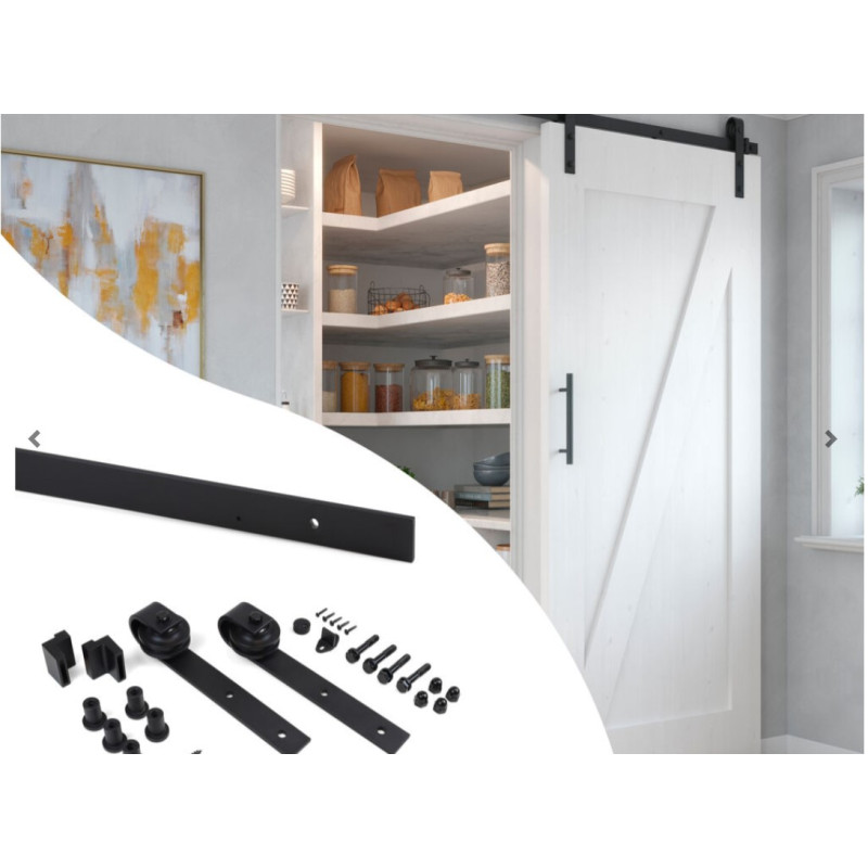 Kit per porta scorrevole appesa in legno Barn, senza chiusura soft, pannelli non inclusi, Acciaio e Tecnoplastica, Verniciato nero Kit per porta scorrevole appesa in legno Barn, senza chiusura soft, pannelli non inclusi, Acciaio e Tecnoplastica, Verniciato nero