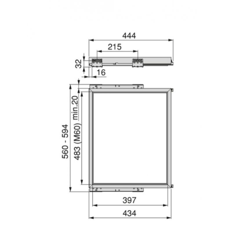 Telaio con guide a chiusura soft per gli accessori del mobile Hack, 560 - 594, Verniciato grigio pietra