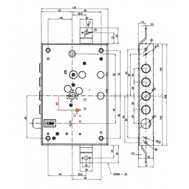 Serratura di sicurezza Triplice Dx con chiave a Doppia mappa modello 8100 entrata 63 interasse catenacci 28 Potent