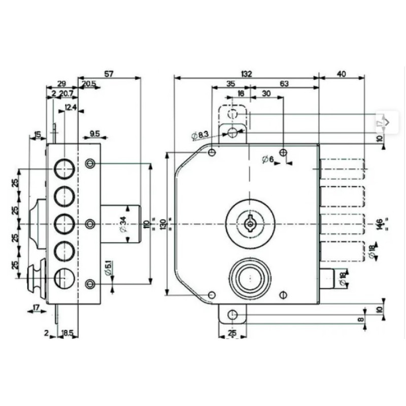 Serratuta serie 30.630 MOTTURA triplice sinistra, con mezzo giro, apertura a chiave, pompa cilindro esterna 60x34 mm, verniciata