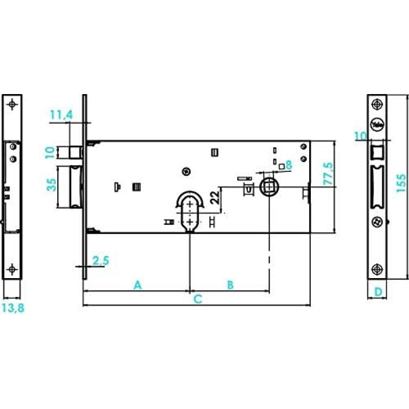 Serratura Yale meccanica Silver Basic per porta in alluminio, foro ovale, Scrocco e pistone di ricarica reversibili, fascia alta, entrata 70 mm, frontale 22 mm