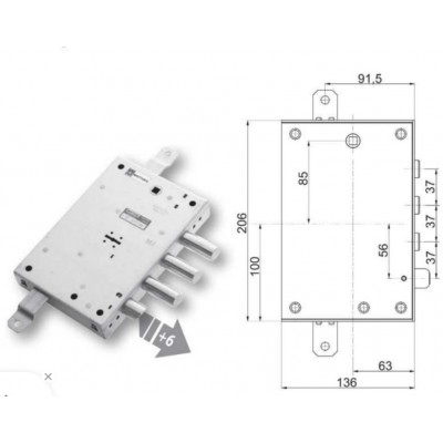 Serratura ad applicare 89.571 Mottura triplice, doppia mappa, chiusura con mezzo giro reversbile con entrata 63 mm, interasse catenacci 37 mm, sporgenza 3 mm