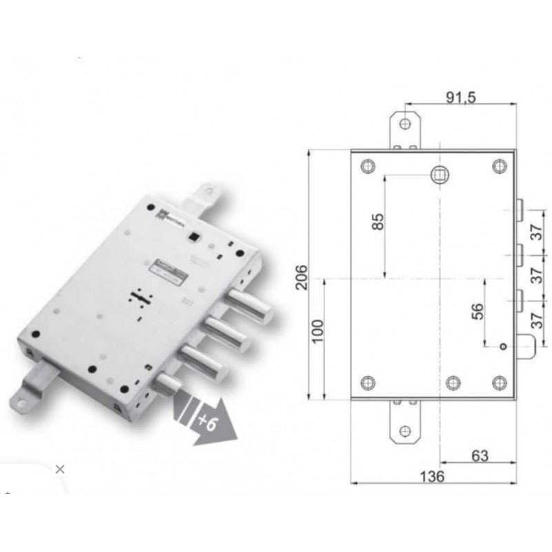 Serratura ad applicare 89.571 Mottura triplice, doppia mappa, chiusura con mezzo giro reversbile con entrata 63 mm, interasse catenacci 37 mm, sporgenza 3 mm