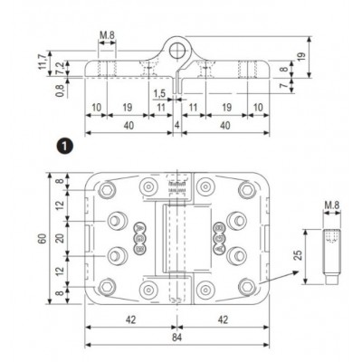 Cerniera MAXI A49403.06.04 AGB per finestre a 3 e 4 ante, simmetrica, altezza 60 mm, larghezza 84 mm, completa di 4 spine fissaggio, Zama finitura Zinco