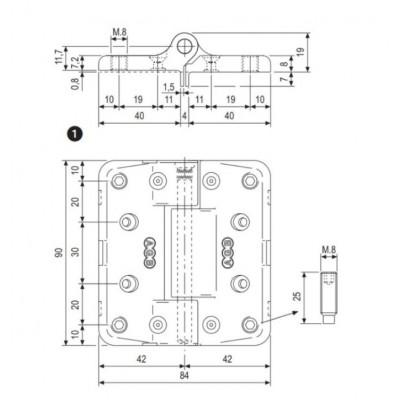 Cerniera MAXI A49403.05.04 AGB per porte a 3 e 4 ante, simmetrica, altezza 90 mm, larghezza 84 mm, completa di 4 spine fissaggio, Zama finitura Zinco