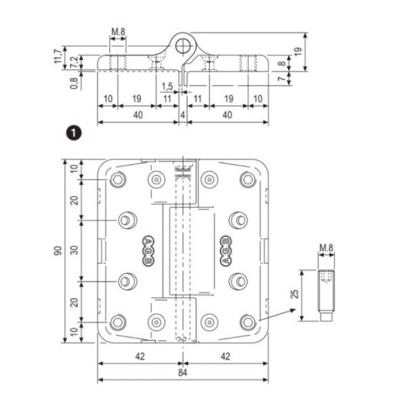 Cerniera MAXI A49403.05.04 AGB per porte a 3 e 4 ante, simmetrica, altezza 90 mm, larghezza 84 mm, completa di 4 spine fissaggio, Zama finitura Zinco