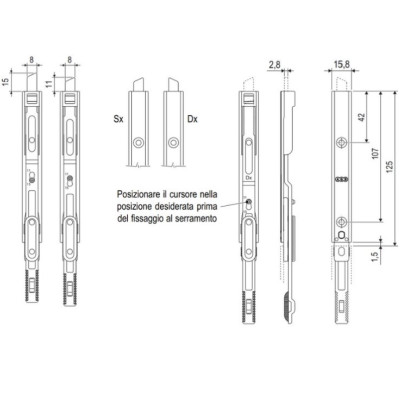 Terminale superiore A50193.02.SX Artech AGB per ante a bandiera, mano sinistra, lunghezza 125 mm, puntale uscita 11 o 15 mm, Acciaio finitura Silver