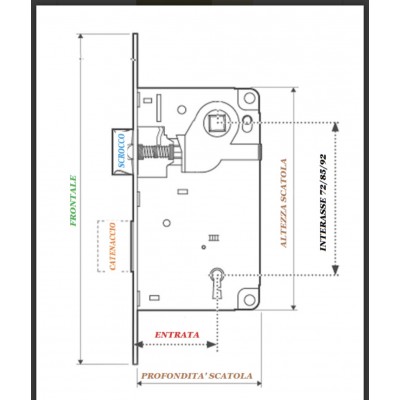 Serratura Gancio quadro WC incasso B00703 AGB per porta scorrevole, entrata 40 mm, bordo tondo 168x22 mm, Acciaio finitura Ottonato Verniciato