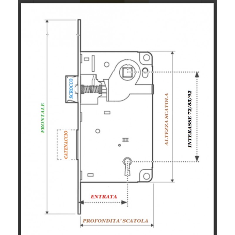 Serratura Gancio quadro WC incasso B00703 AGB per porta scorrevole, entrata 40 mm, bordo tondo 168x22 mm, Acciaio finitura Ottonato Verniciato