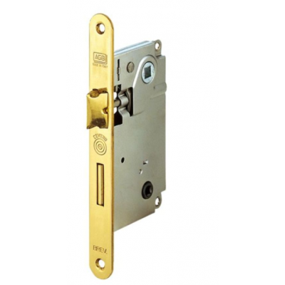 Serratura Centro Wc incasso B01005 Agb per porta da bagno, entrata 50 mm, interasse 96 mm, bordo tondo 196x22 mm, Acciaio finitura Ottonato Verniciato