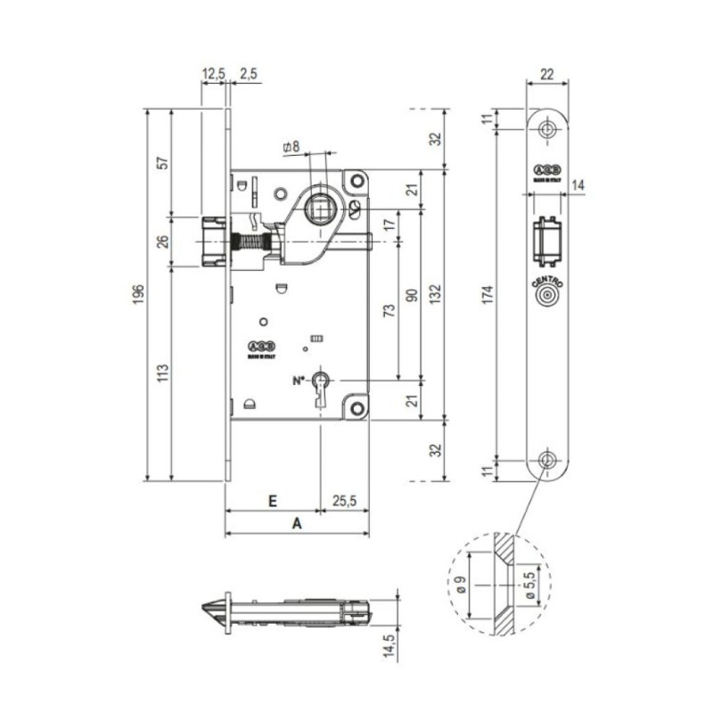 Serratura Centro incasso B01009 Agb per porta interna con chiave, entrata 50 mm, interasse 90 mm, bordo tondo 196x22 mm, Acciaio finitura Ottonato Verniciato