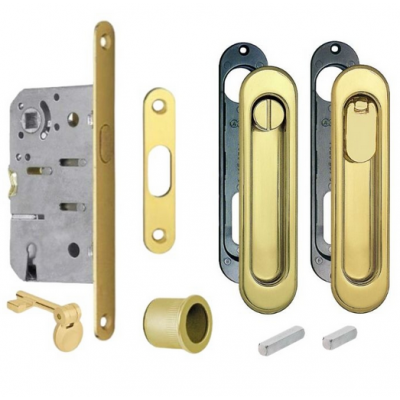 Kit Scivola C Ovale B01904.50.03 AGB per porta scorrevole, chiavistello e bottone con serratura 50 mm, finitura Ottonato Verniciato