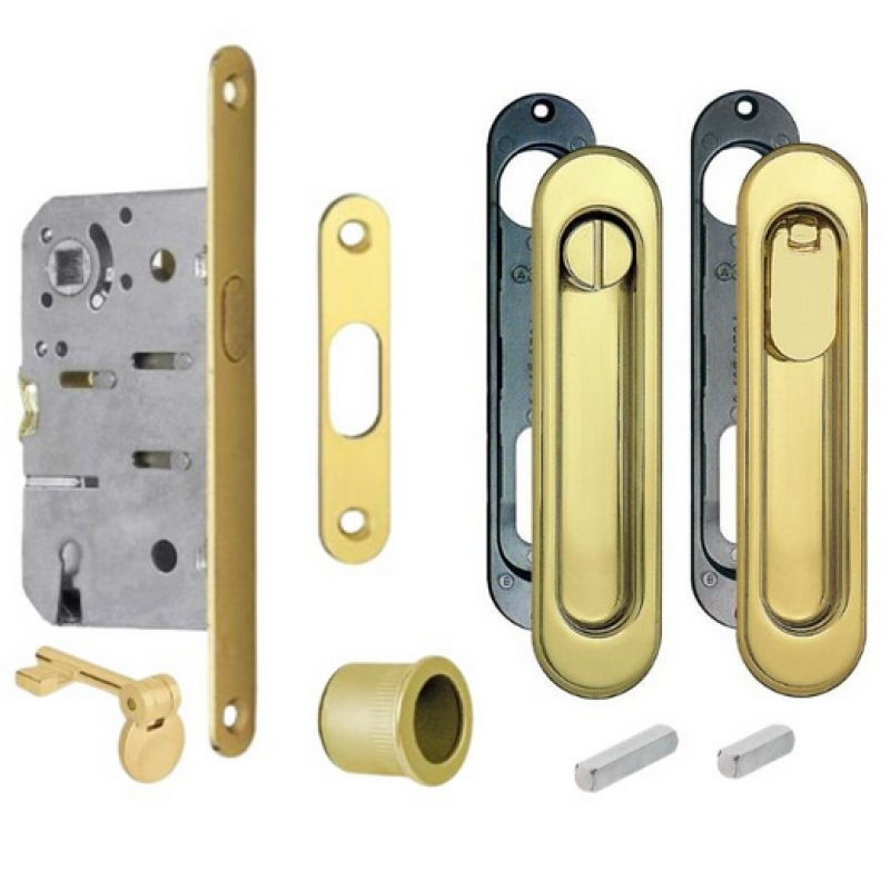 Kit Scivola C Ovale B01904.50.03 AGB per porta scorrevole, chiavistello e bottone con serratura 50 mm, finitura Ottonato Verniciato