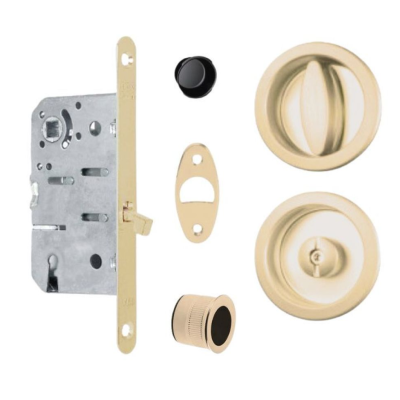 Kit Scivola A tondo B01915.50.08 Agb per porta scorrevole, chiavistello e bottone con serratura T 50 mm, finitura Ottone Satinato
