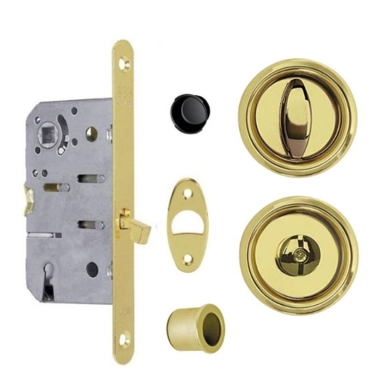 Kit Scivola A tondo B03934.50.03 AGB per porta scorrevole, chiavistello e bottone con serratura T 50 mm, finitura Ottonato Verniciato
