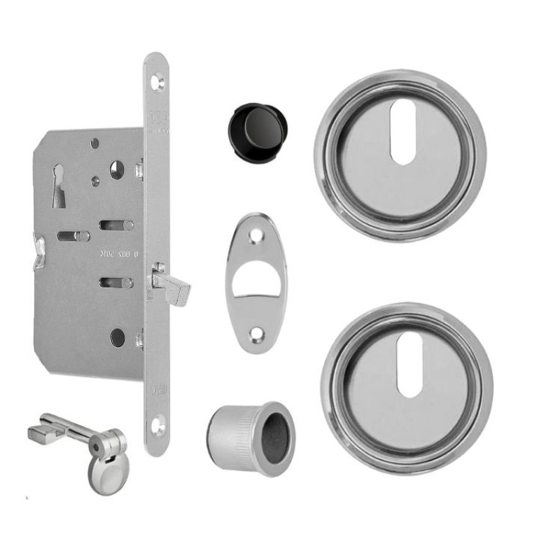 Kit Scivola A tondo B03934.50.34 AGB per porta scorrevole, chiavistello e bottone con serratura T 50 mm, finitura Cromato Opaco