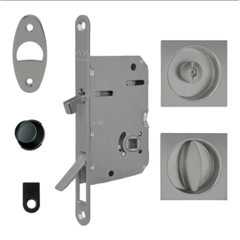 Kit Scivola Tre Class per porta scorrevole, kit con serratura, maniglie quadrate a pulsante/maniglia, finitura cromata opaca