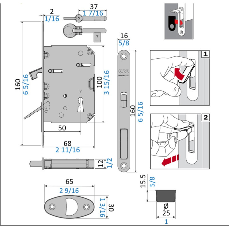 Kit Scivola Tre Class per porta scorrevole, kit con serratura, maniglie quadrate a pulsante/maniglia, finitura cromata opaca