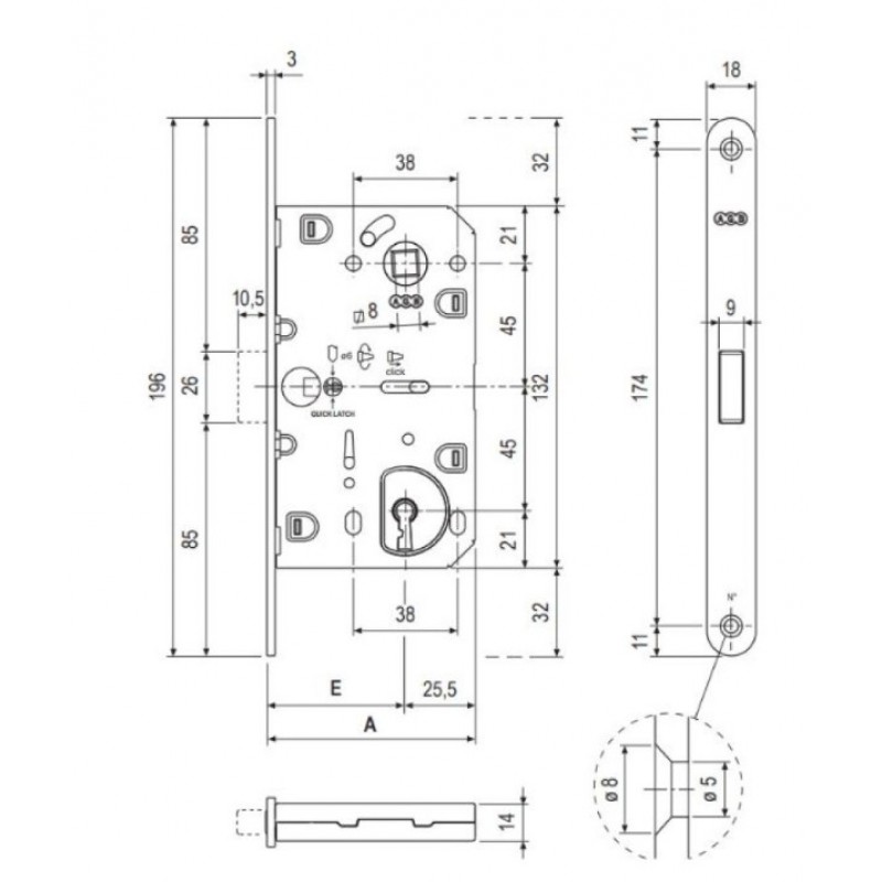 Serratura Polaris 2XT incasso B06101 Agb per porta interna con chiave, entrata 50 mm, interasse 90 mm, bordo tondo 196x18 mm, Acciaio finitura Cromato Opaco